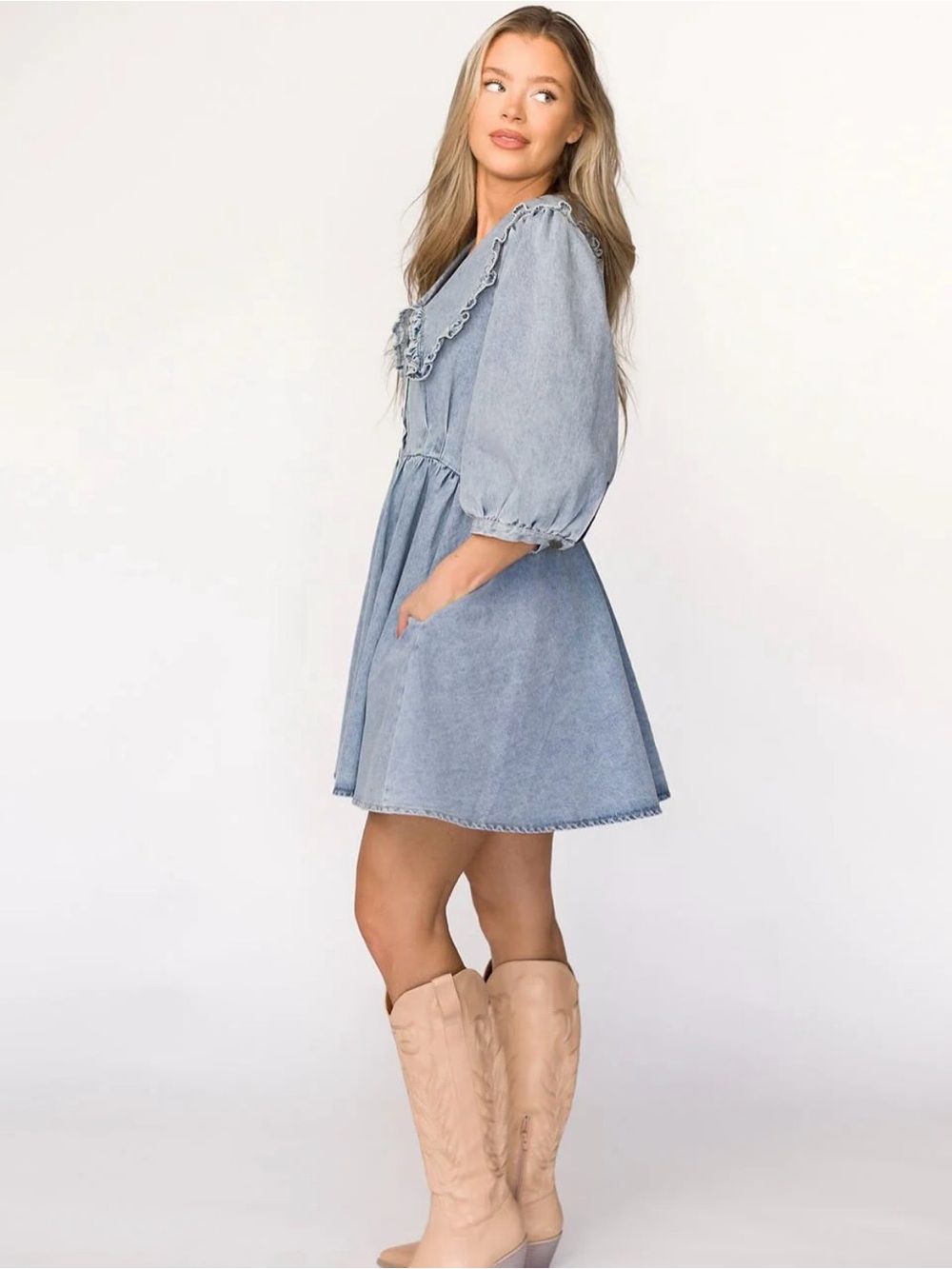 Worth Collective Mini Dress Medium Blue Denim Peter Pan Collar Button Front NWT - Picture 3 of 8